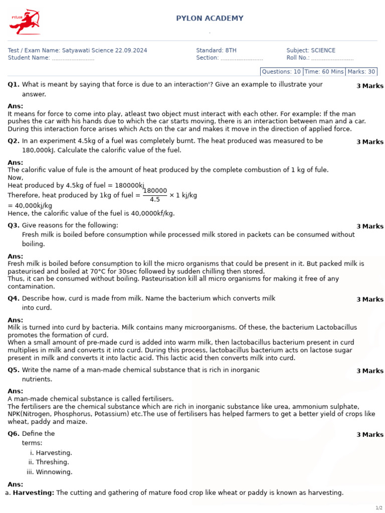 Satyawati Science 22.09.2024-8TH-SCIENCE-Answersheet | PDF