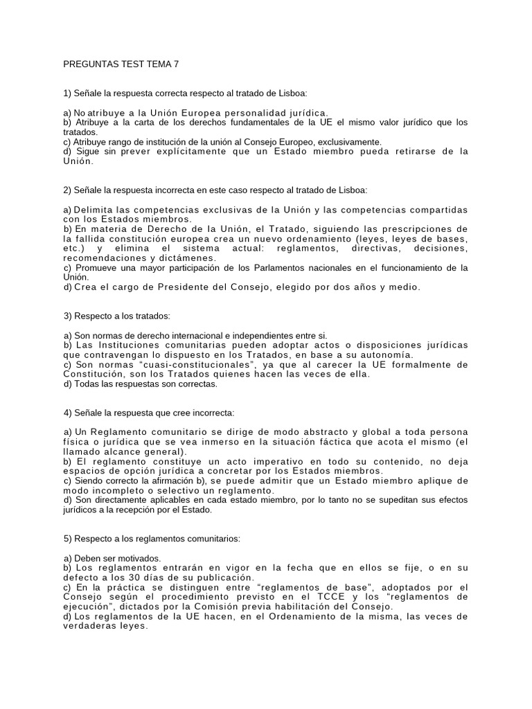 Preguntas Test sobre el Tratado de Lisboa | PDF | Finance & Money ...