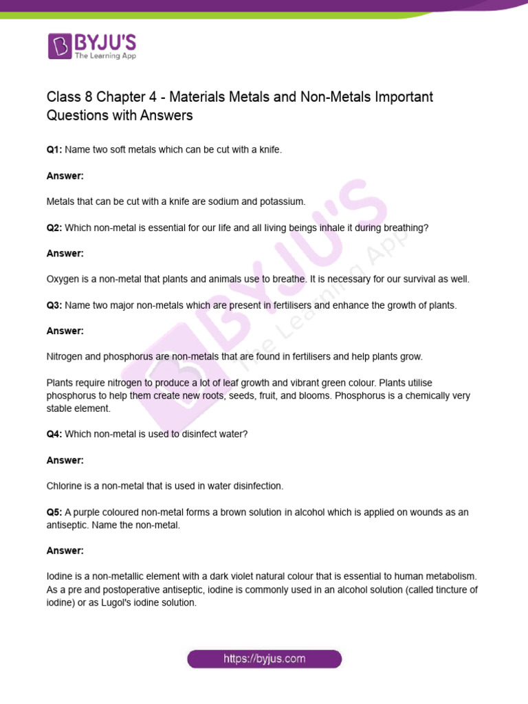 Class 8 Chemistry Chapter 4 Materials Metals and Non Metals Important ...