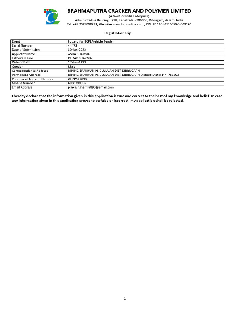 BCPL Vehicle Lotterry Reg | PDF