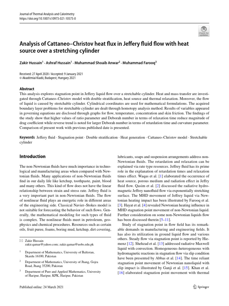 Analysis of Cattaneo-Christov Heat Flux in Jeffery Fluid Flow With Heat ...