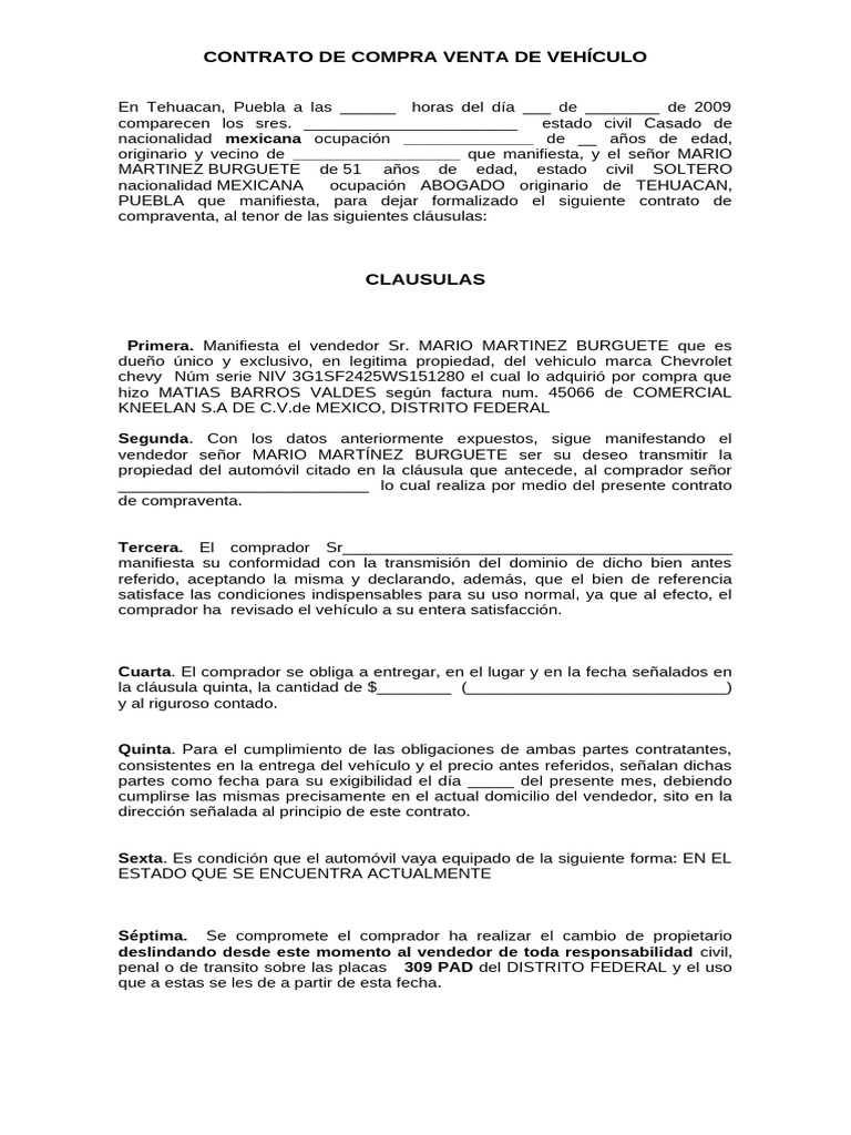 Contrato de Compra Venta de Vehículo | PDF