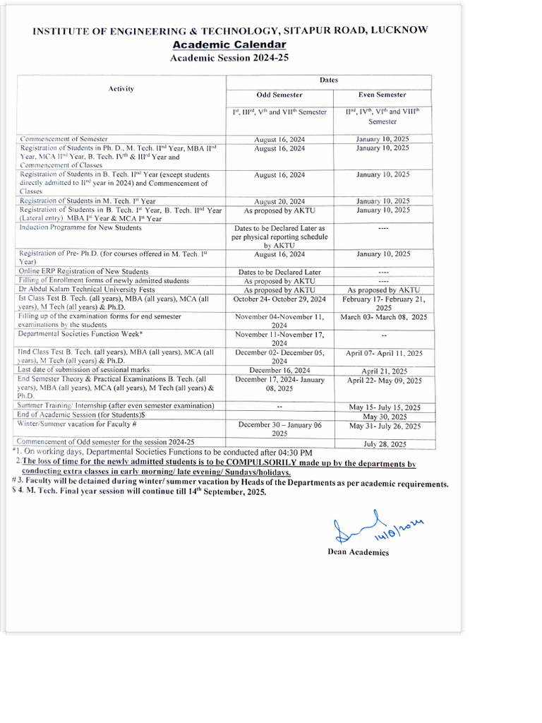 Academic Calendar 2024-25 - Institute of Engineering & Technology ...