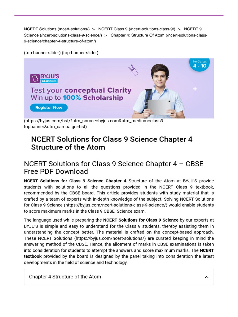 NCERT Solutions For Class 9 Science Chapter 4 Structure of The Atoms | PDF