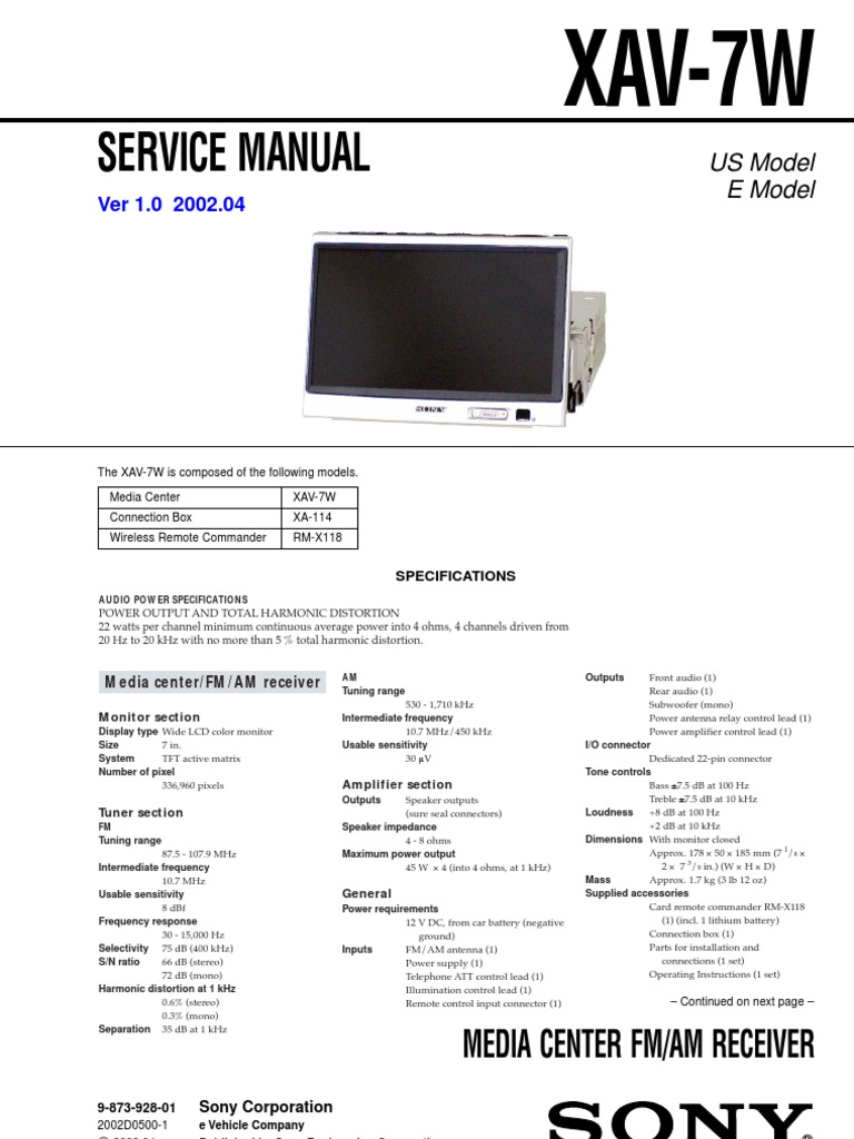 Sony Xav-7w Service Manual and Schematic | PDF | Loudspeaker 