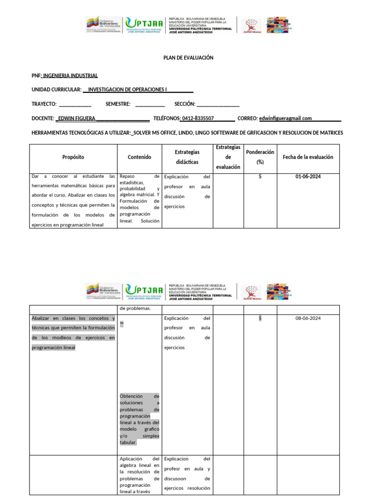 Modelo Del Plan de Evaluacion (3335) | PDF | Programación lineal ...