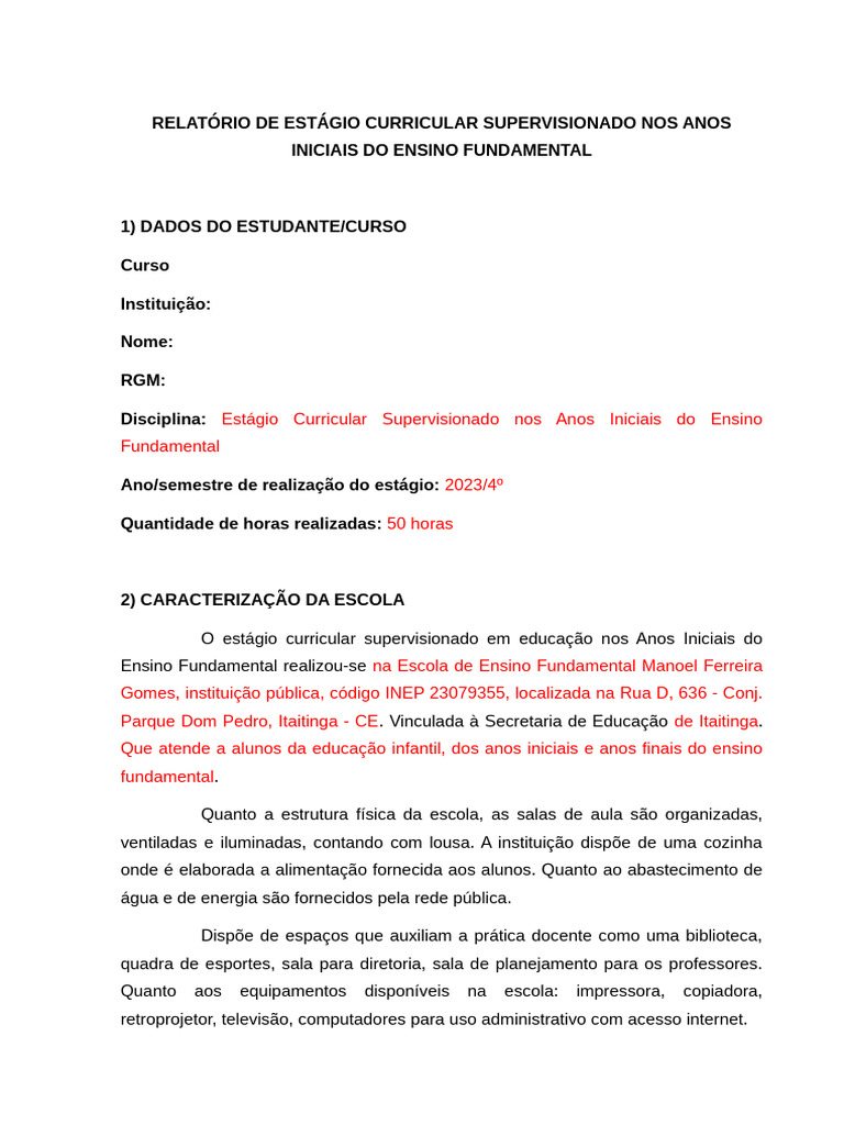 RELATÓRIO ESTÁGIO ANOS INICIAIS DO ENSINO FUNDAMENTAL | PDF