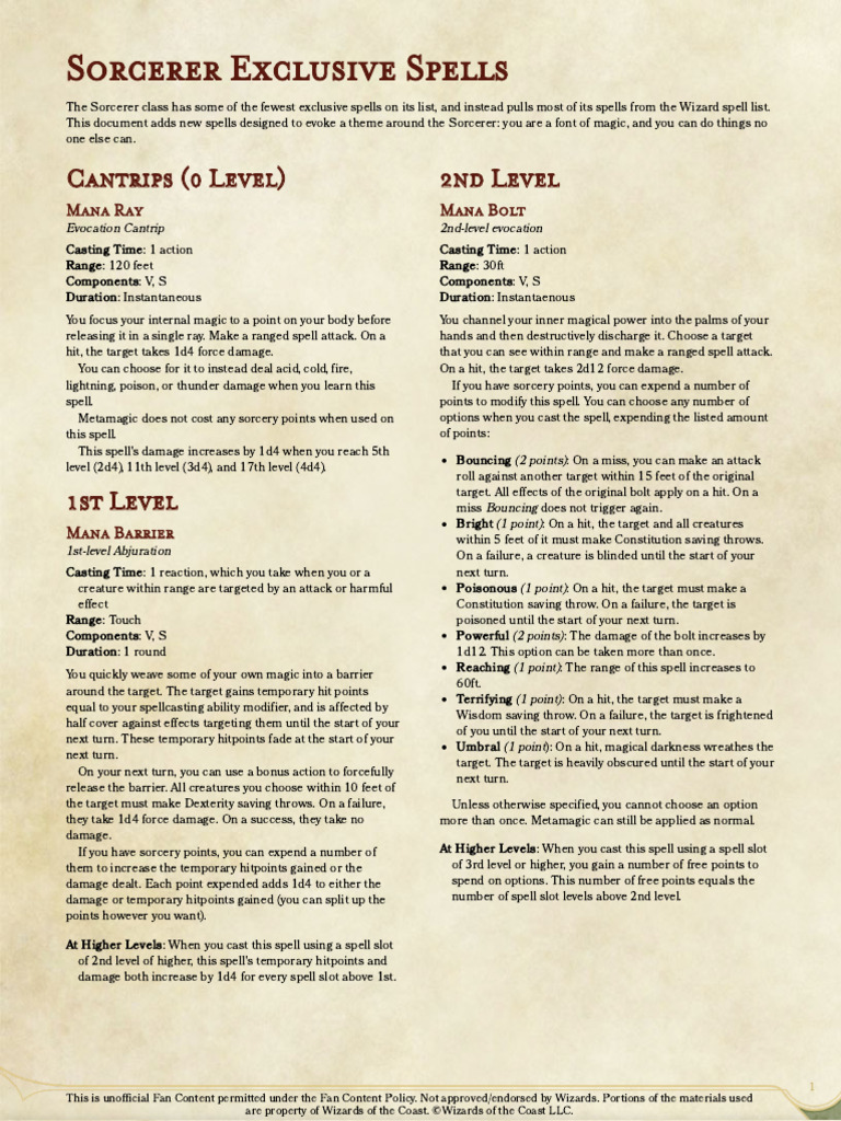 Exclusive Sorcerer Spells - GM Binder | PDF