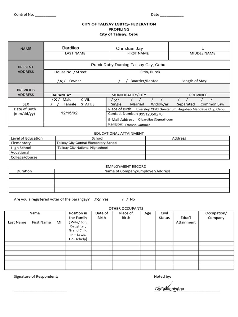 Talisay City LGBTQ+ Profiling Form | PDF