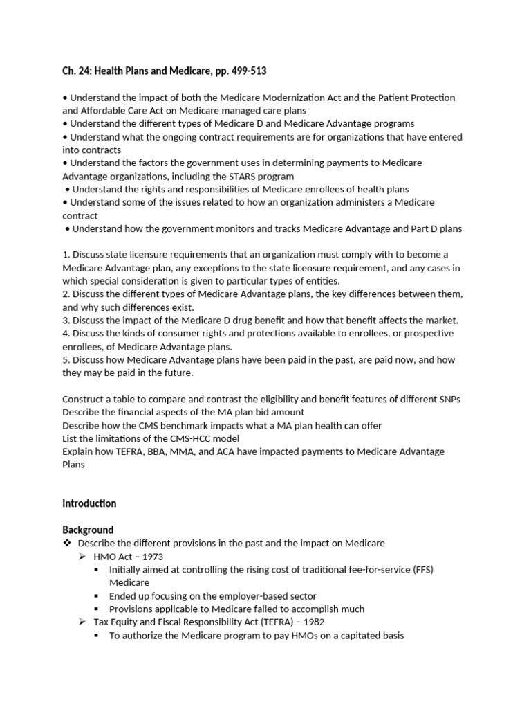 SOA Notes: Ch. 24 - Health Plans and Medicare, Pp. 499-513 | PDF