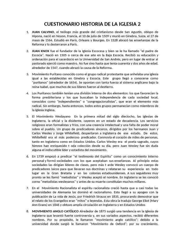 Cuestionario Historia de La Iglesia 2 Periodo Moderno | PDF