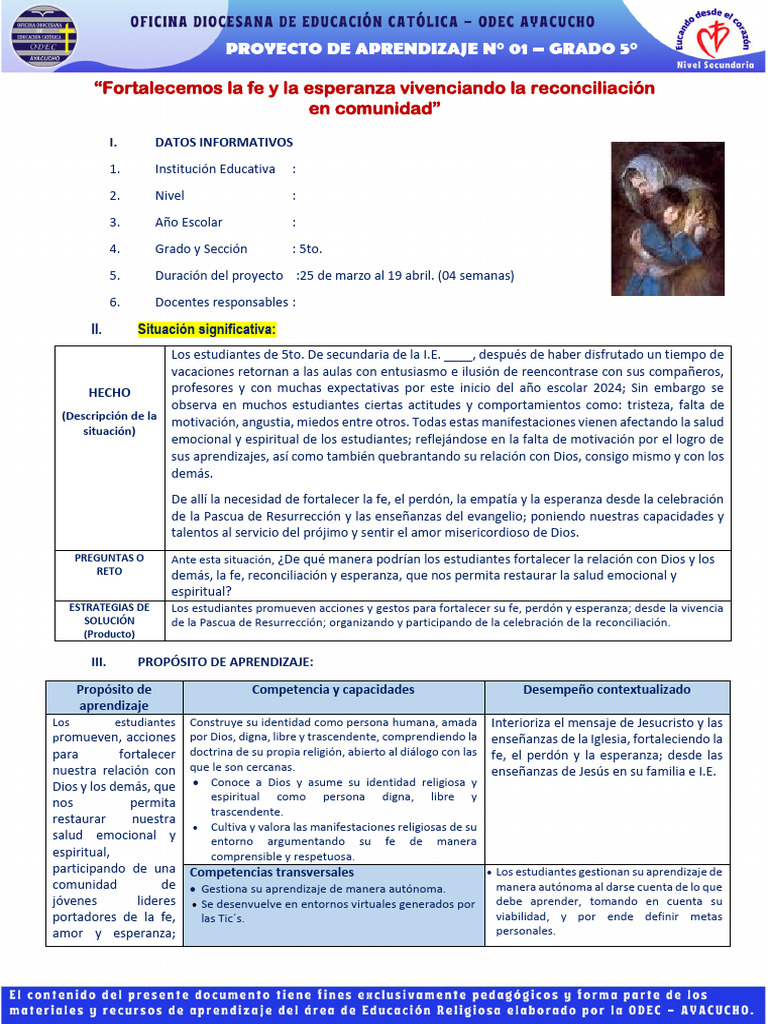 Proyecto de Aprendizaje #01 - Grado 5° | PDF | Comunidad | Fe