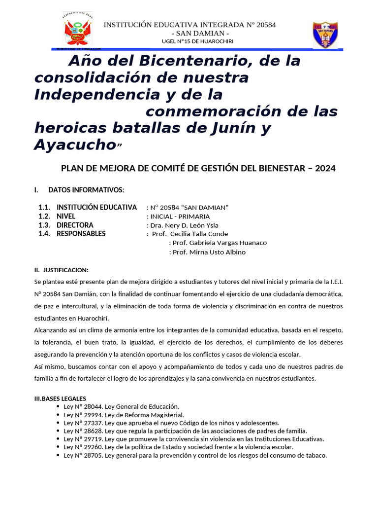 Plan de Mejora Comite Del Bienestar 2024 | PDF | Educación primaria ...