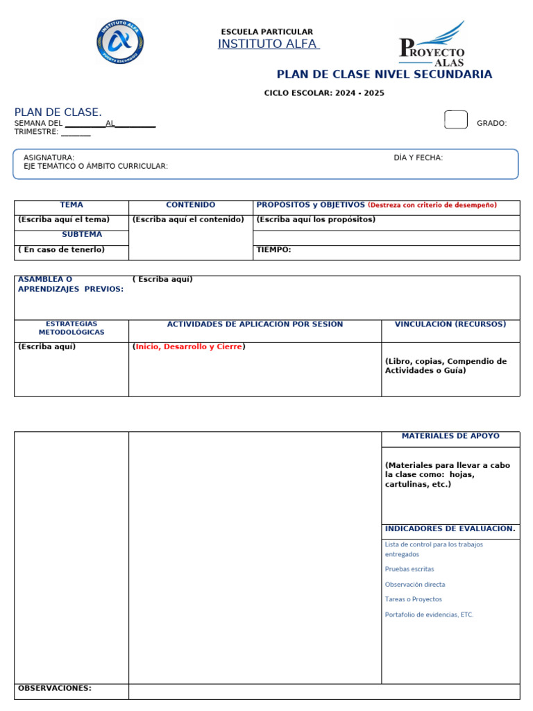 Formato Plan de Clase Secundaria | PDF