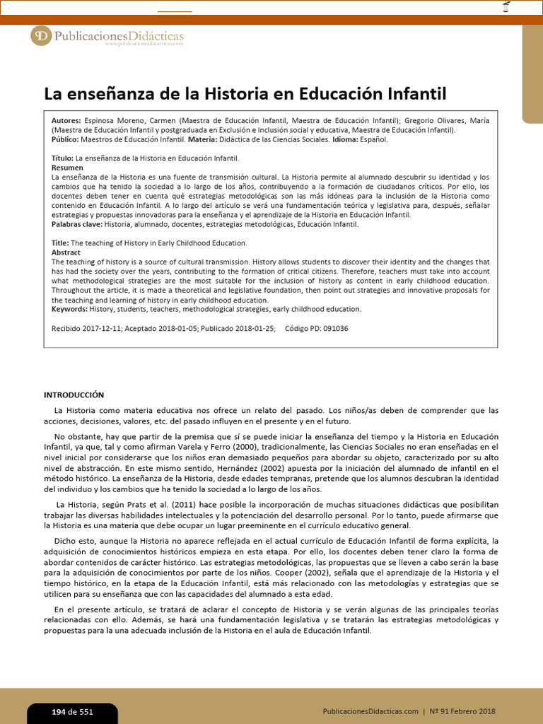 La Enseñanza de La Historia en La Educación Infantil | PDF