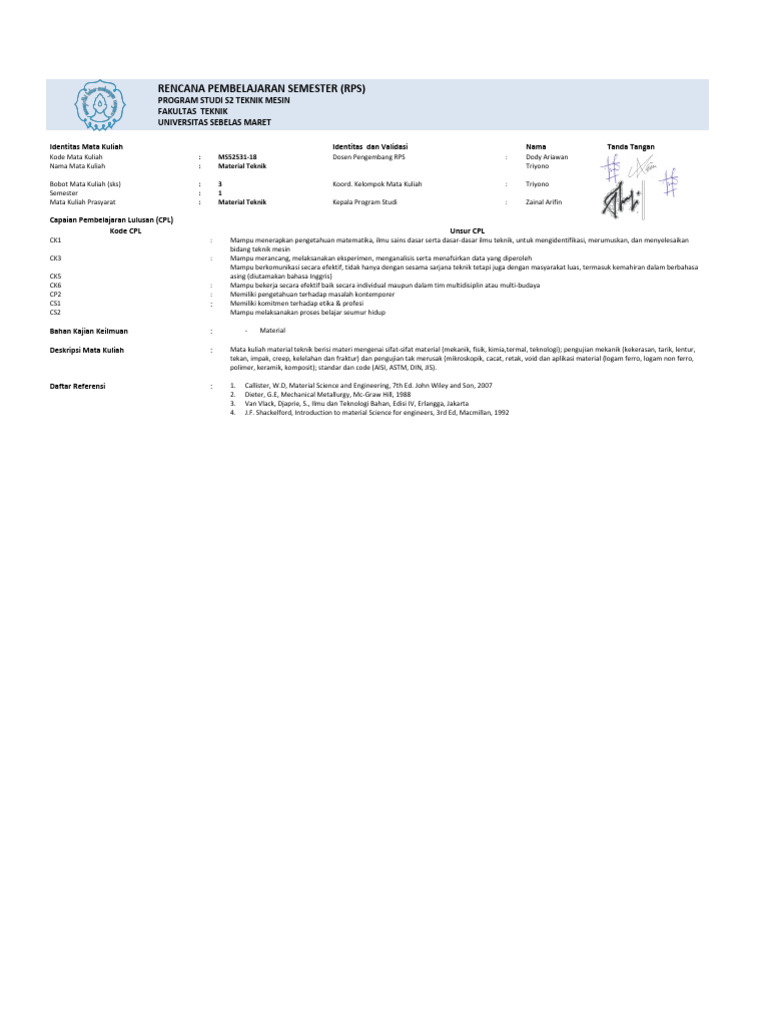 RPS Material Teknik Lanjut | PDF