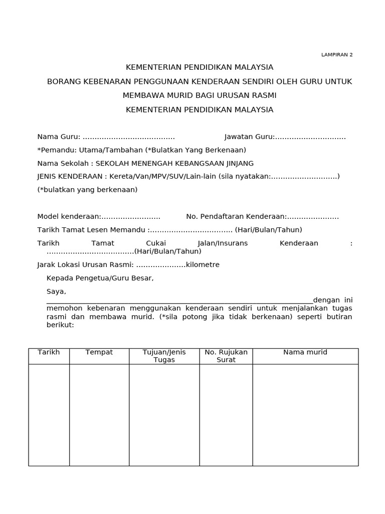 Borang Menggunakan Kenderaan Sendiri | PDF