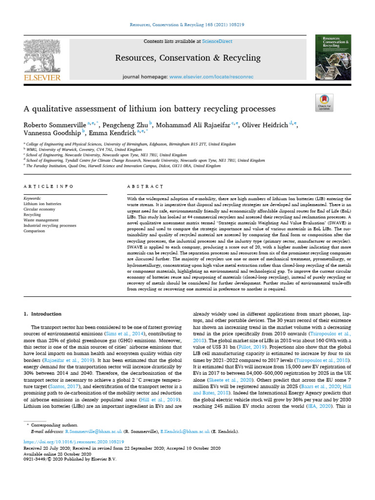 A Qualitative Assessment of Lithium Ion Battery Recycling Processes | PDF