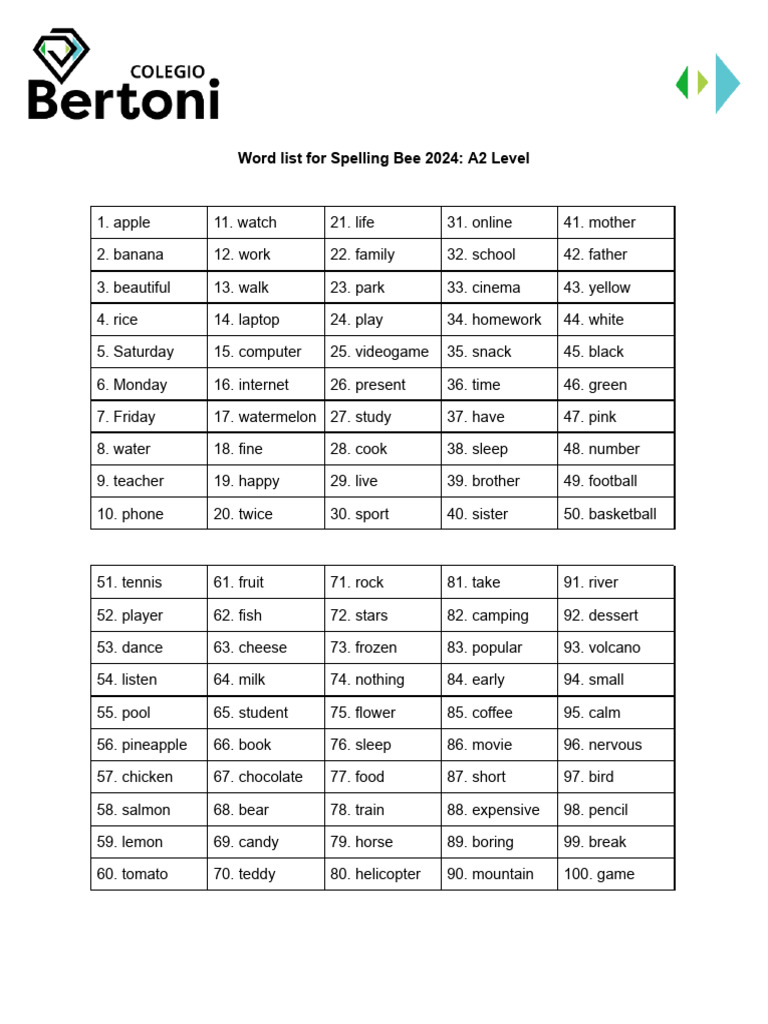 Word List A2 Level 2024 | PDF