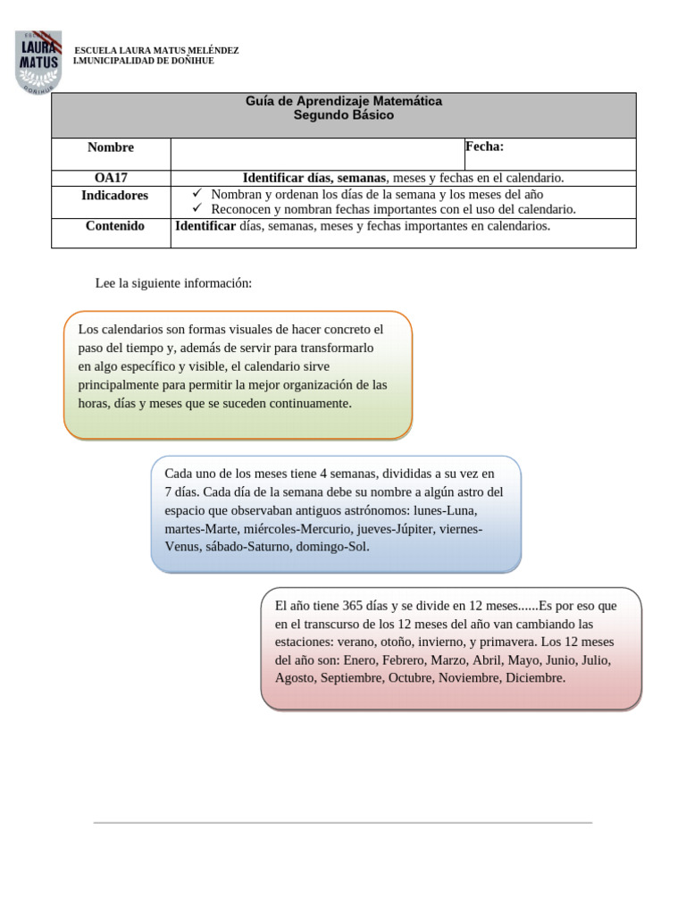 Calendario y Fechas: Guía Segundo Básico | PDF | Calendario