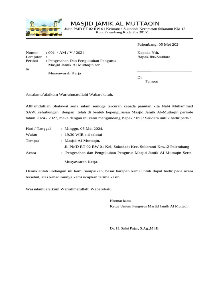 Undangan Sk Kepengurusan Masjid Jamik Al Muttaqin Pdf