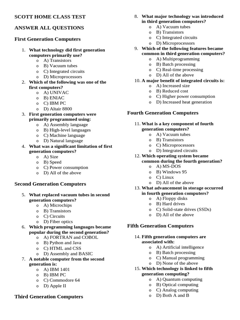 Scott Home Class Test Answer All Questions First Generation Computers | PDF