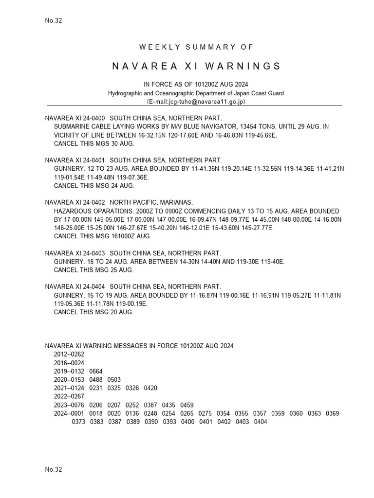 NAVAREA XI Warnings Summary Aug 2024 | PDF