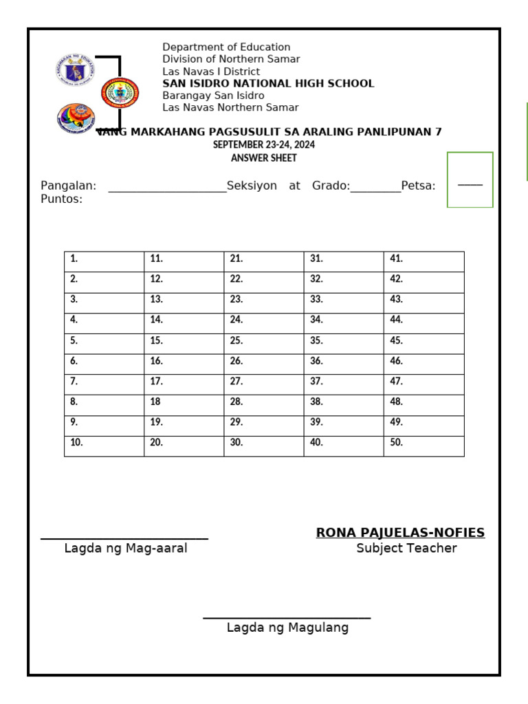 Answer Sheet in Ap 7 | PDF