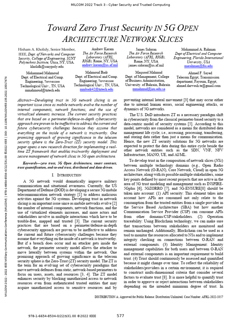 Toward Zero Trust Security IN 5G Open Architecture Network Slices | PDF