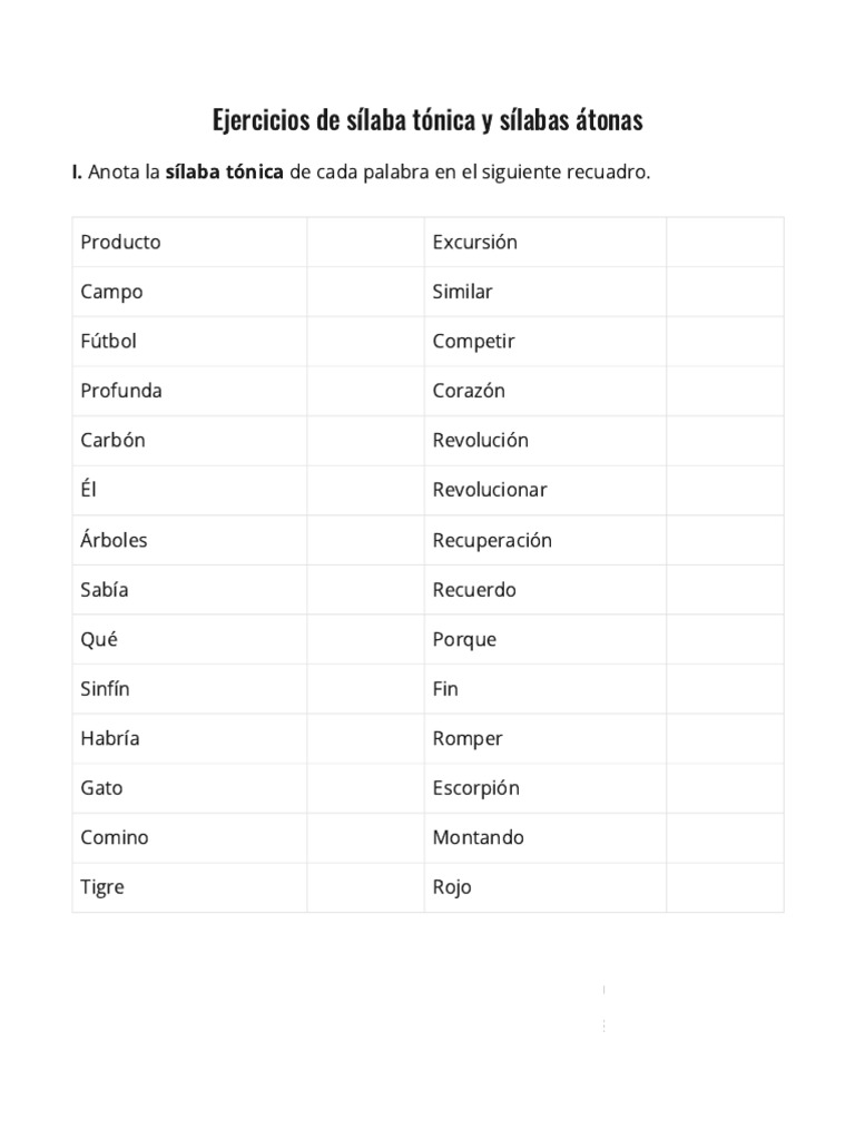 Ejercicios de sílabas tónicas y átonas | PDF