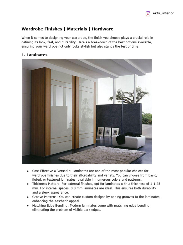 Wardrobe Guide - Finishes, Materials & Hardware - Ekta - Interior | PDF