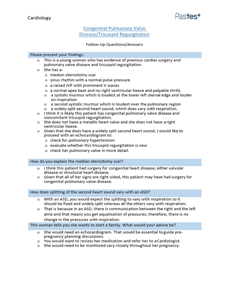 Pastest - Congenital Pulmonary Valve Disease Tricuspid Regurgitation | PDF