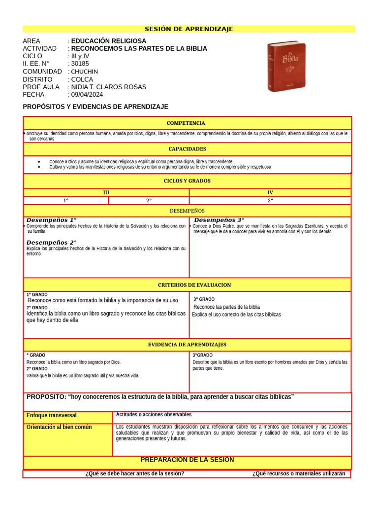 Dia 2 Relg. Reconocemos Las Partes de La Bilia | PDF