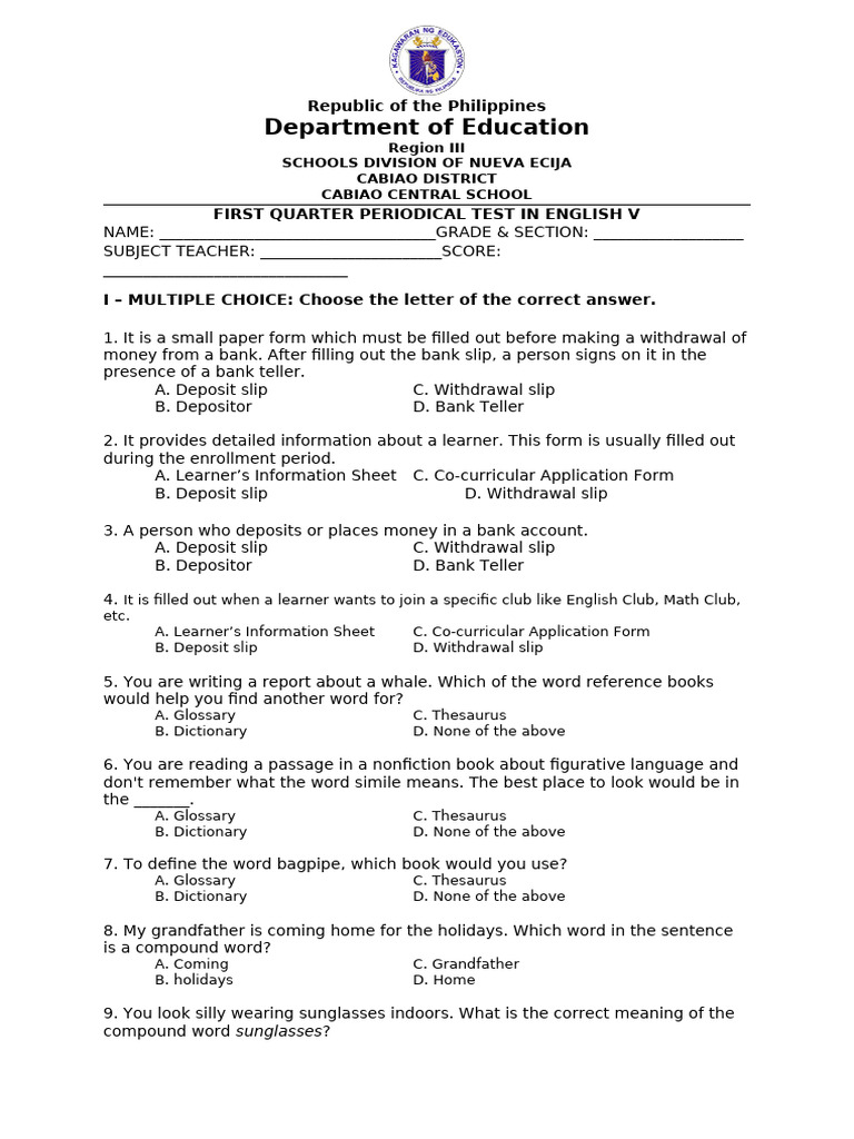 English V First Quarter Test Guide | PDF | Dictionary | Language Arts ...