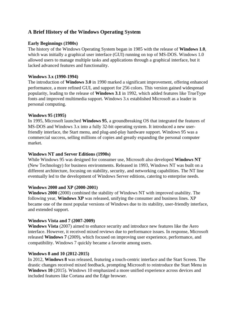 A Brief History of The Windows Operating System | PDF