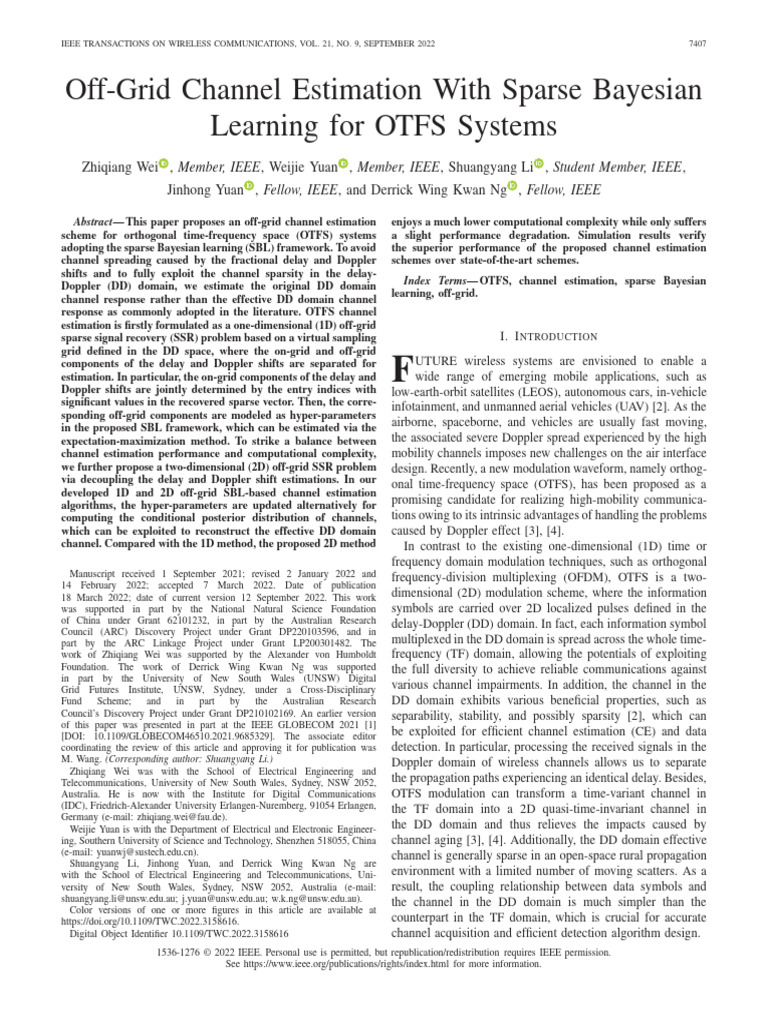 Off-Grid Channel Estimation With Sparse Bayesian Learning For OTFS ...
