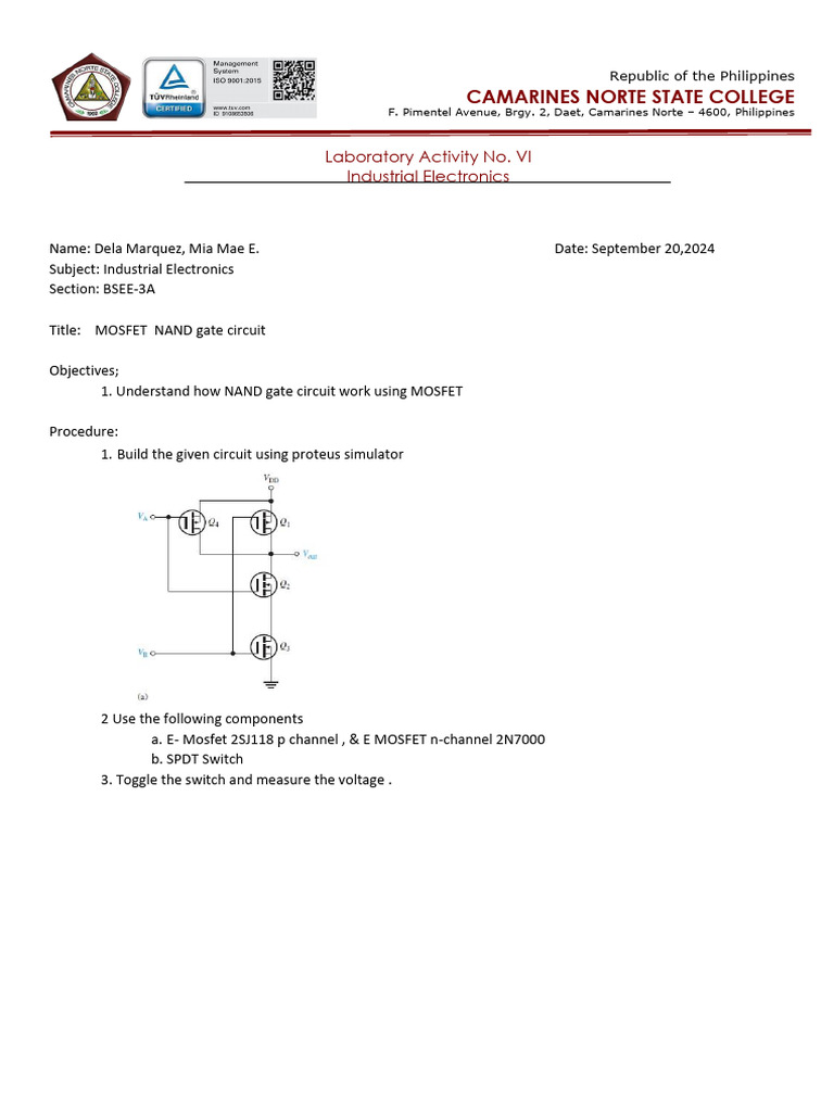 MOSFET NAND Gate Circuit Lab Guide | PDF | Field Effect Transistor | Mosfet