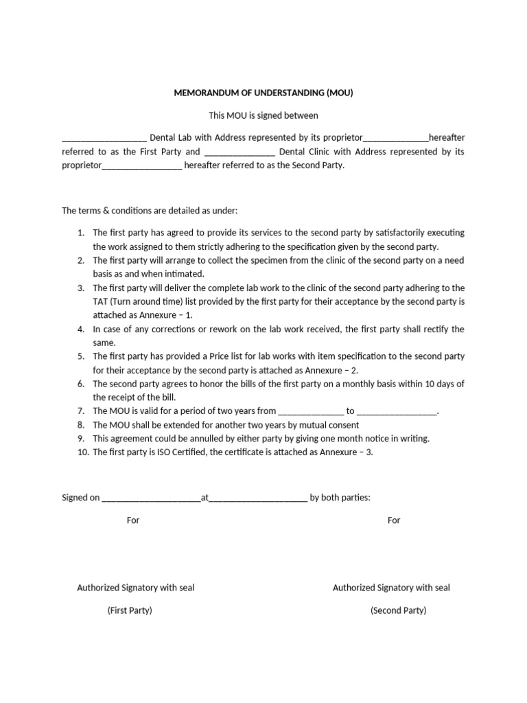 MOU format-Dental Lab | PDF
