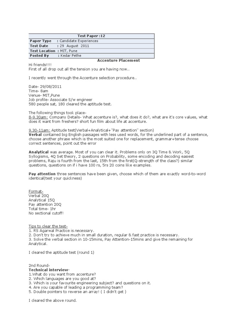Accenture Placement Experience Insights | PDF | Microprocessor ...
