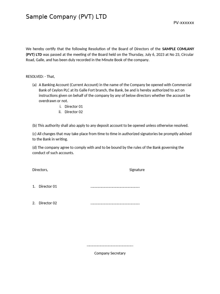 Resolution For Bank Account Openning | PDF