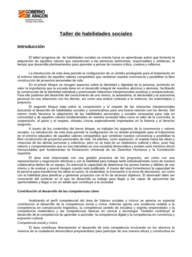 Taller de Habilidades Sociales y Cívicas | PDF | Aprendizaje | Salón de ...