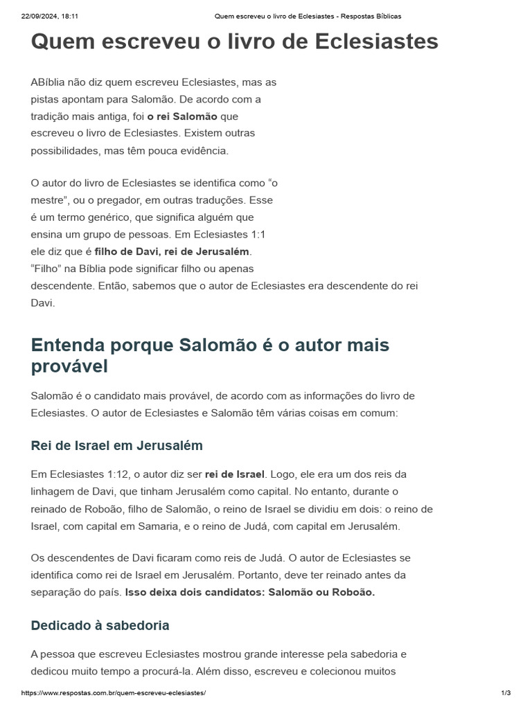 Quem Escreveu o Livro de Eclesiastes - Respostas Bíblicas | PDF