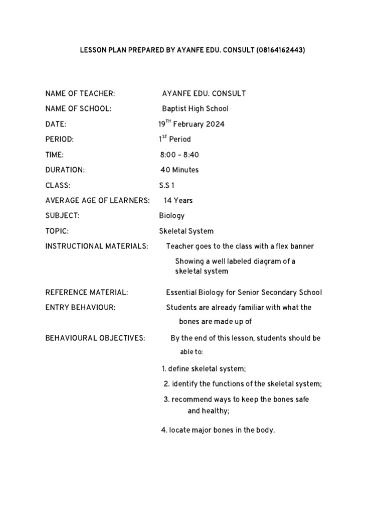 Lesson Plan Preparation | PDF | Skeleton | Anatomy