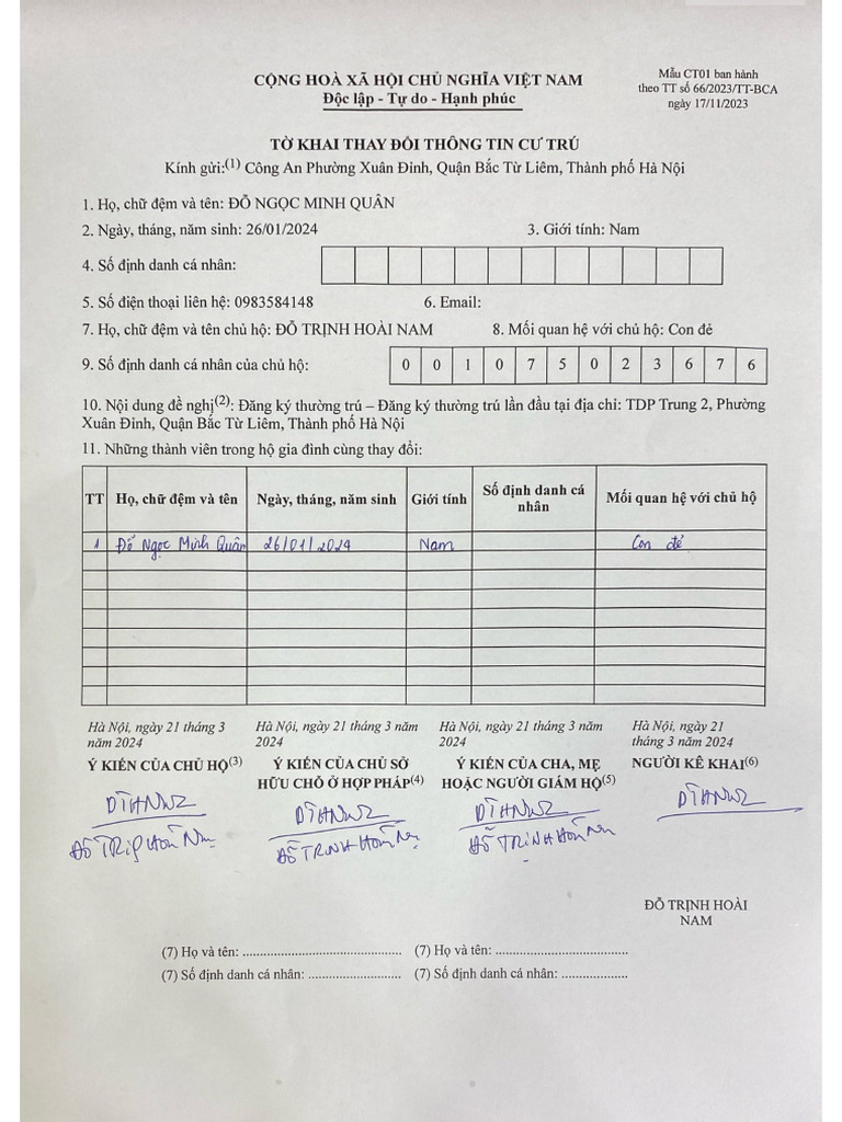 T Khai Thay Đ I Thông Tin Cư Trú | PDF