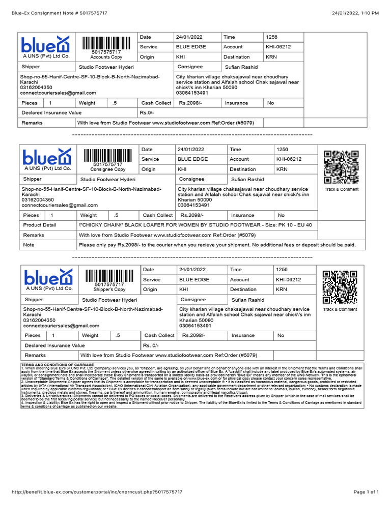 Blue-Ex Consignment Note # 5017575717 5079 | PDF
