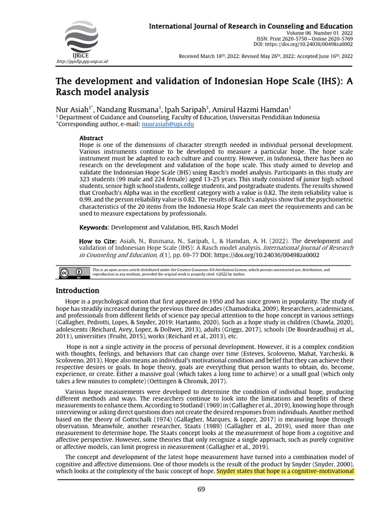 The Development and Validation of Indonesian Hope | PDF