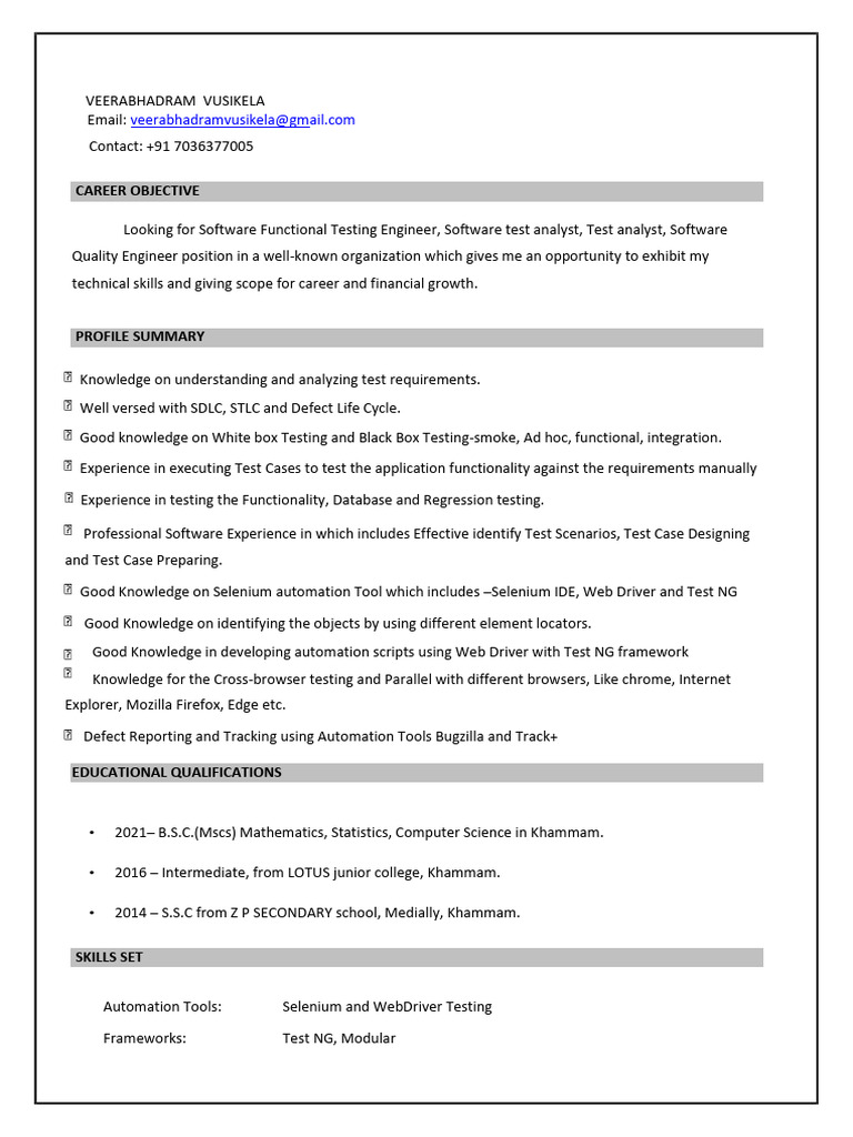 0 Software Test Engineer CV - Veerabhadram | PDF