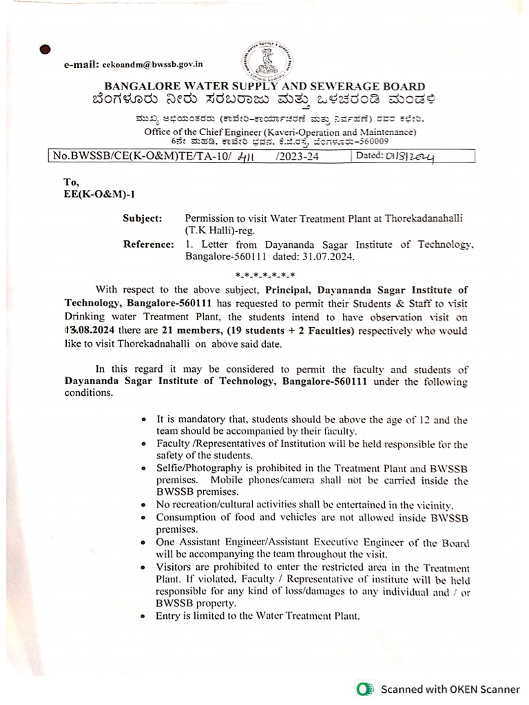 BWSSB - WTP Permission Letter | PDF