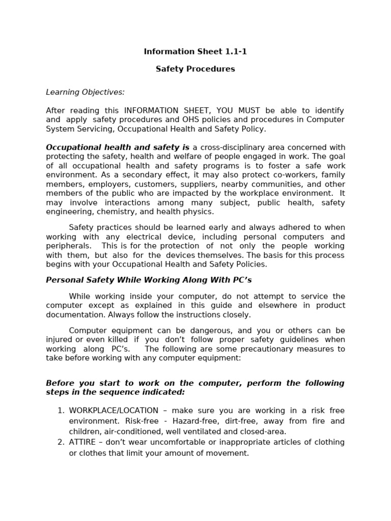 Learning Objectives:: Occupational Health and Safety Is | PDF