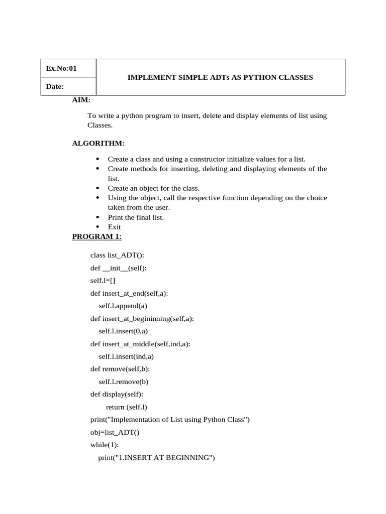 Ex - No:01 Implement Simple Adts As Python Classes Date: Aim | PDF